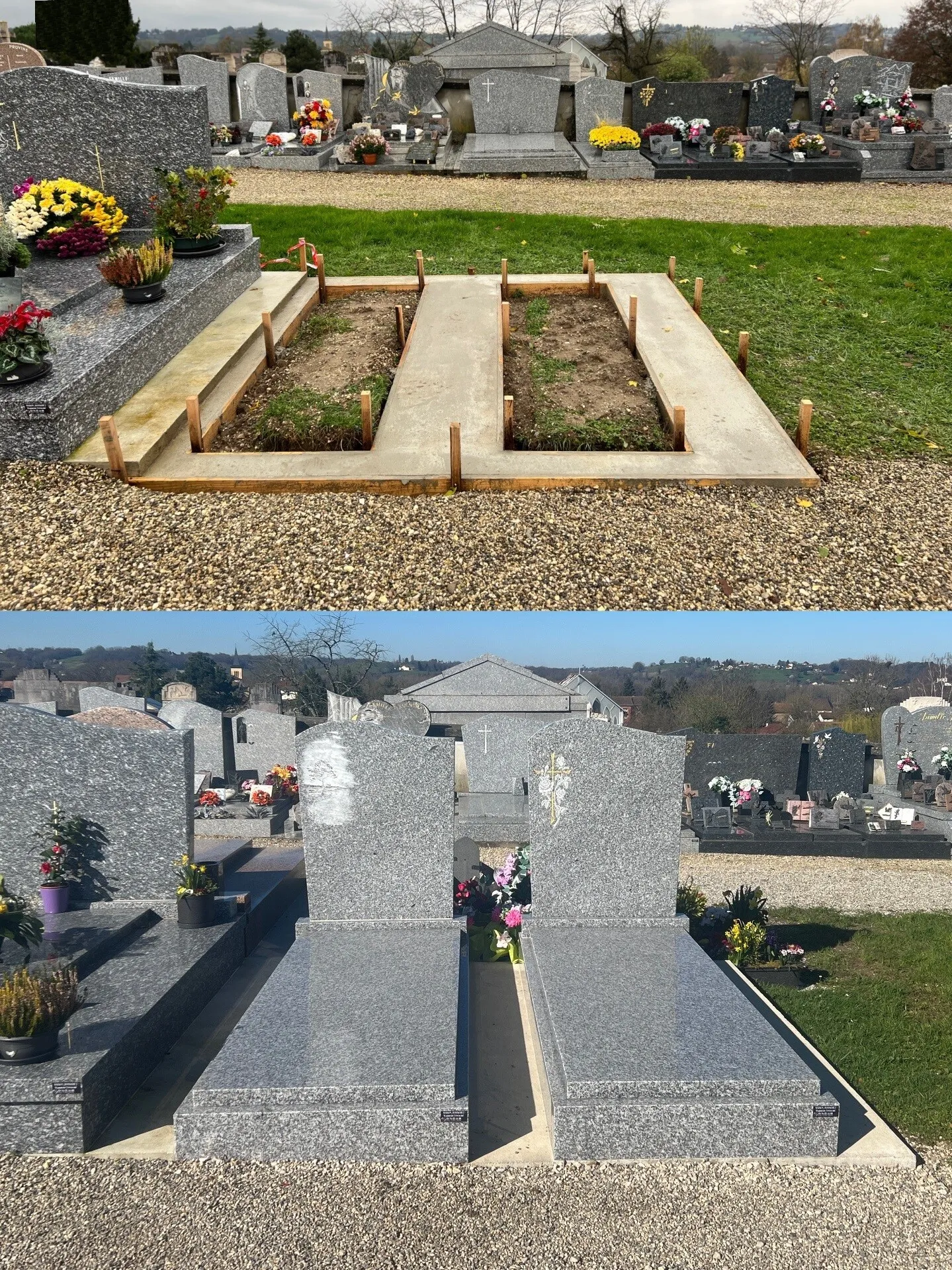 Étapes de construction dans un cimetière avec coffrage en béton pour tombes et résultat final